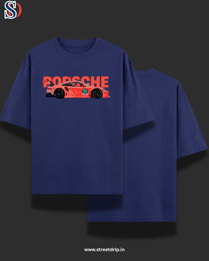 Blue t-shirt with Porsche logo and car design on a dark background