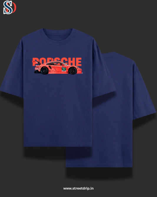 Blue t-shirt with Porsche logo and car design on a dark background